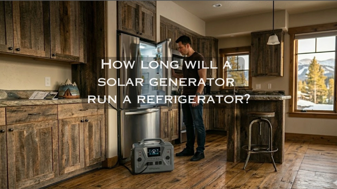 Man checking open refrigerator after plugging in solar backup generator to verify operational.