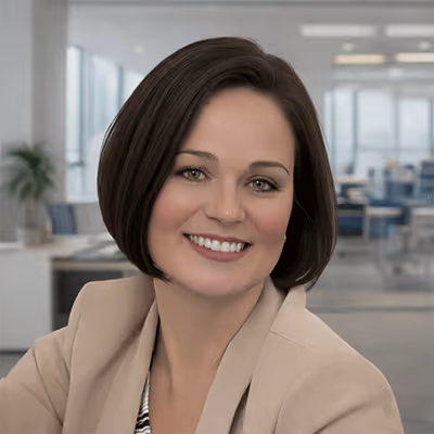 Smiling woman with short brown hair wearing a beige blazer in an office setting.