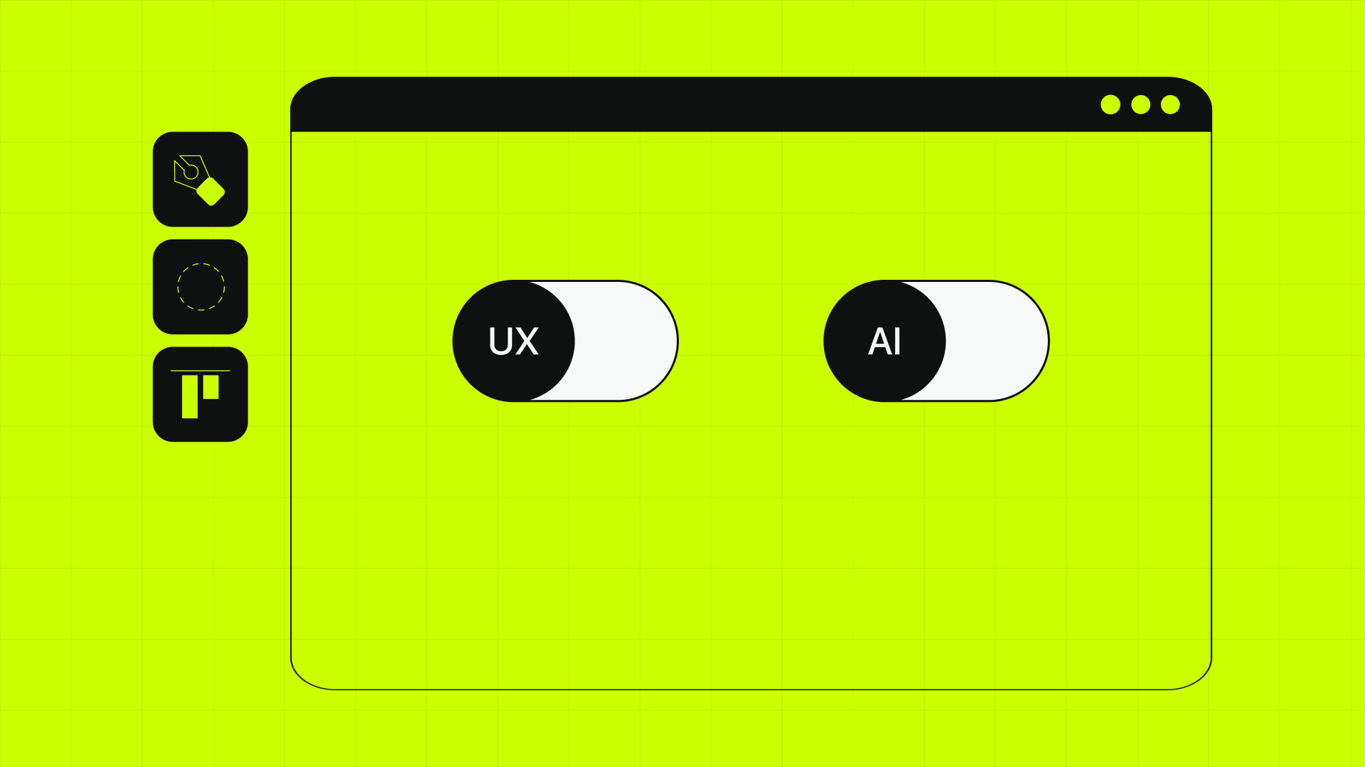 Decorative graphics displaying minimalistic design of a software window with two switches: UX and AI