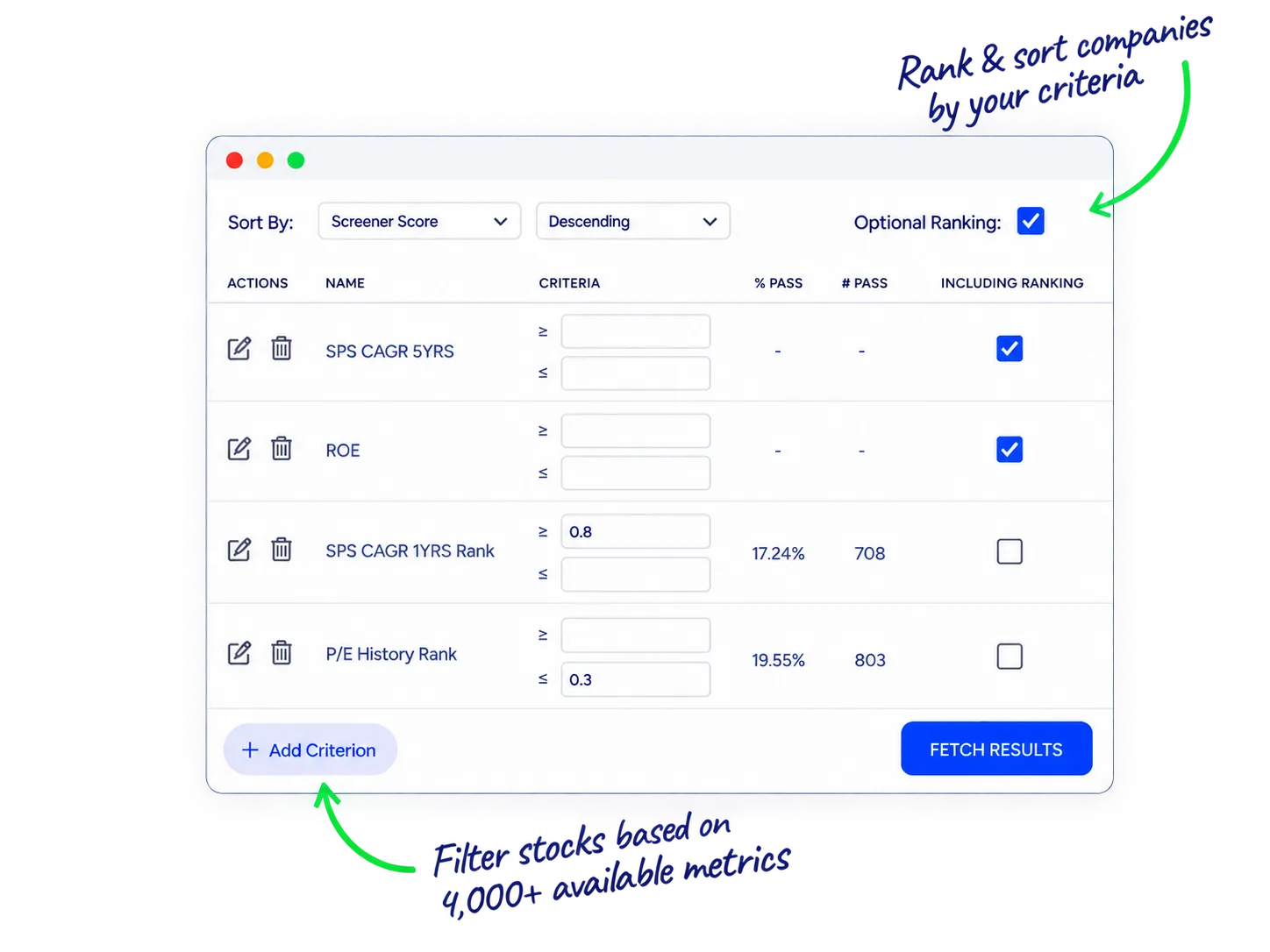 StockIntent screener combining financial filters and optional ranking criteria to narrow investment ideas and prioritize matching companies
