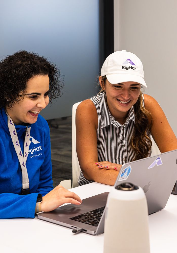 Two BigHat colleagues in BigHat apparel laughing while working on laptops