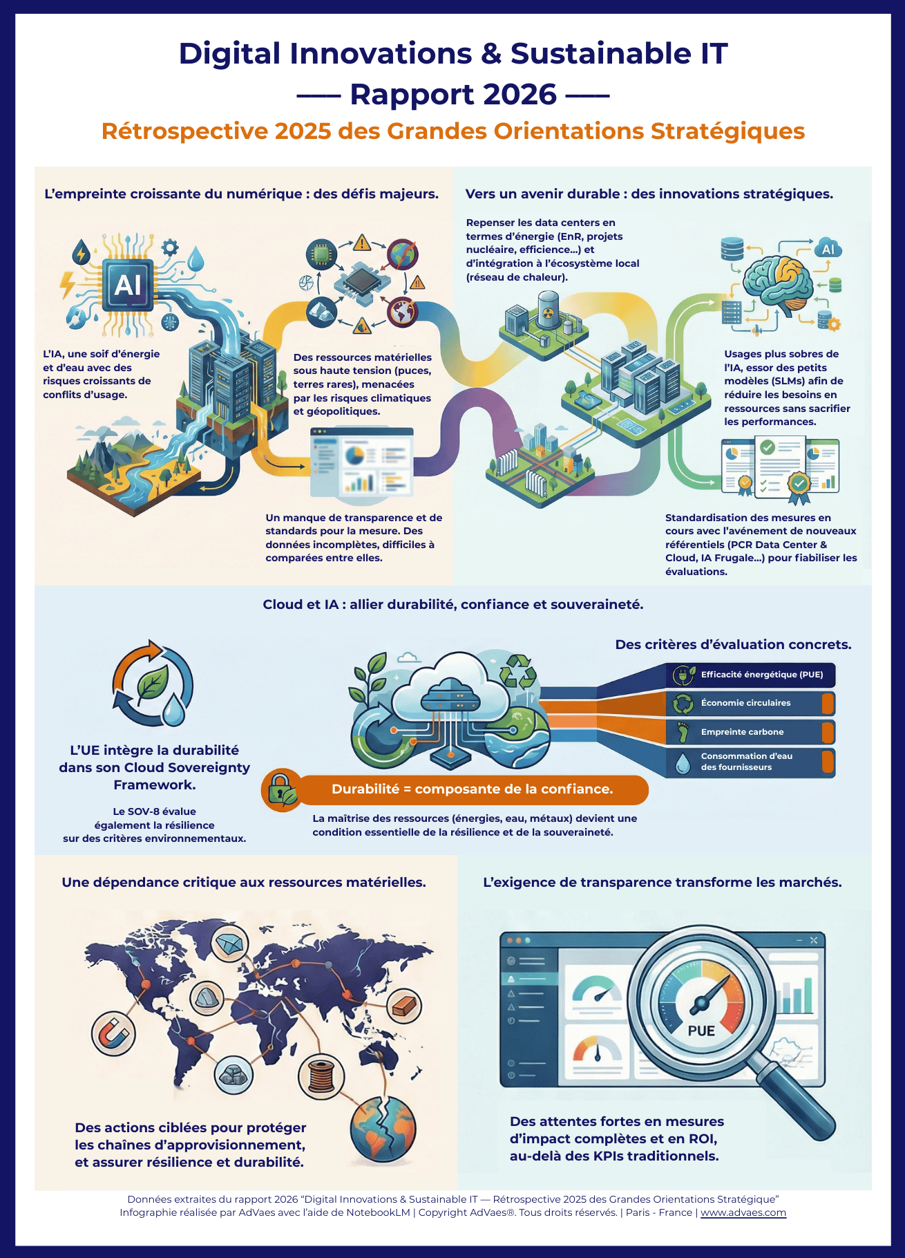 Une infographie sur les enjeux de durabilité, de confiance et de souveraineté avec le cloud et l'IA