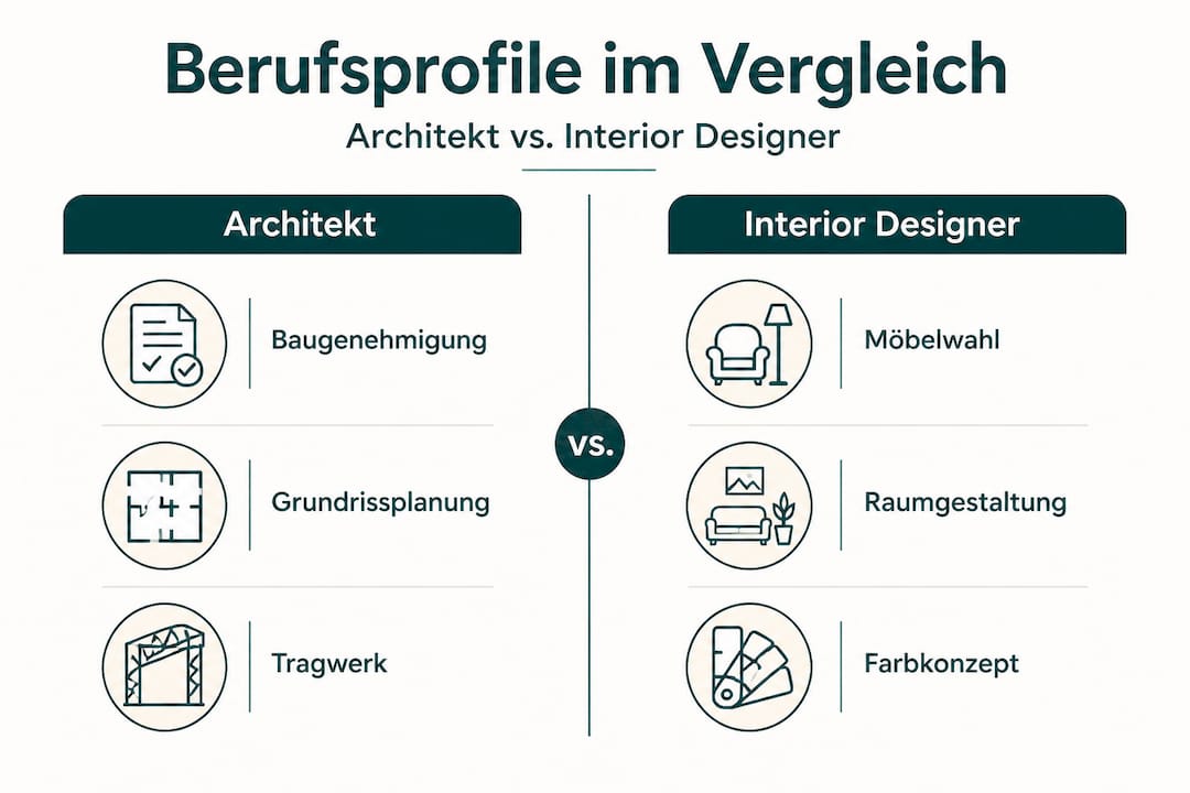 In dieser Infografik werden die Aufgabenbereiche von Architekten und Interior Designern gegenübergestellt.
