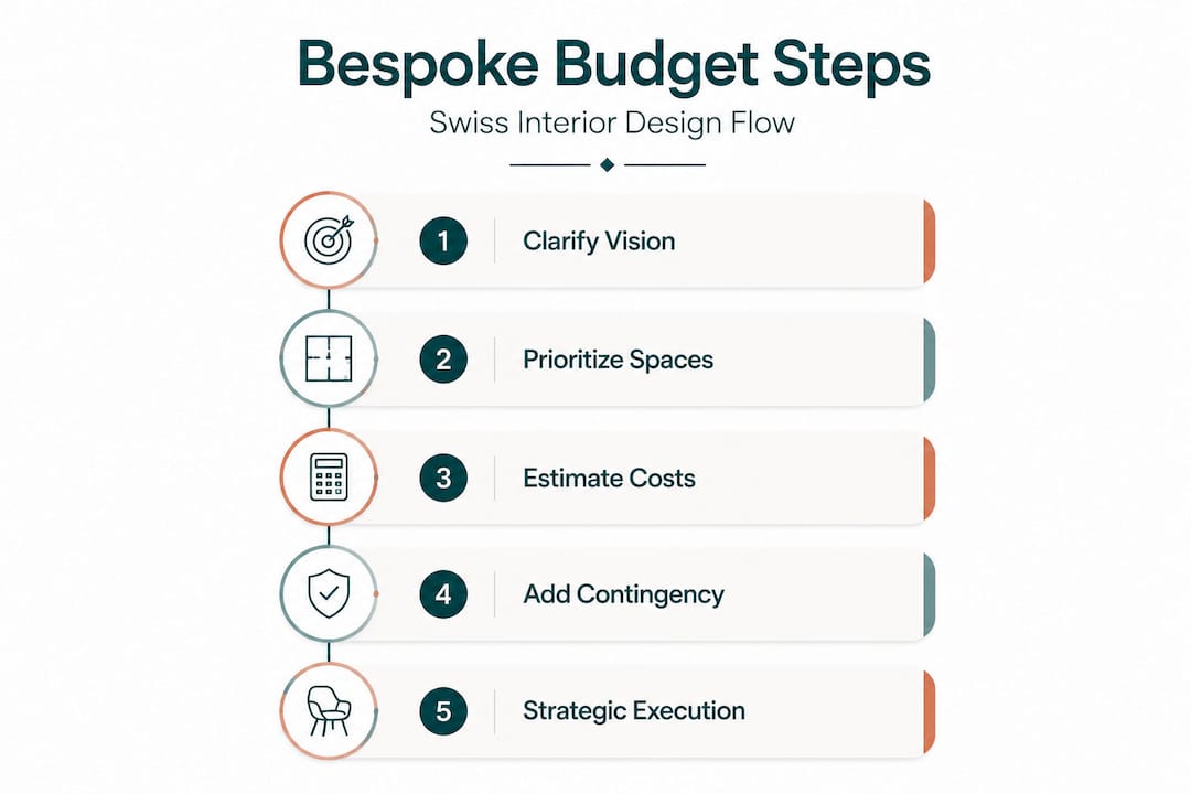 Infographic showing steps to set a bespoke Swiss interior budget