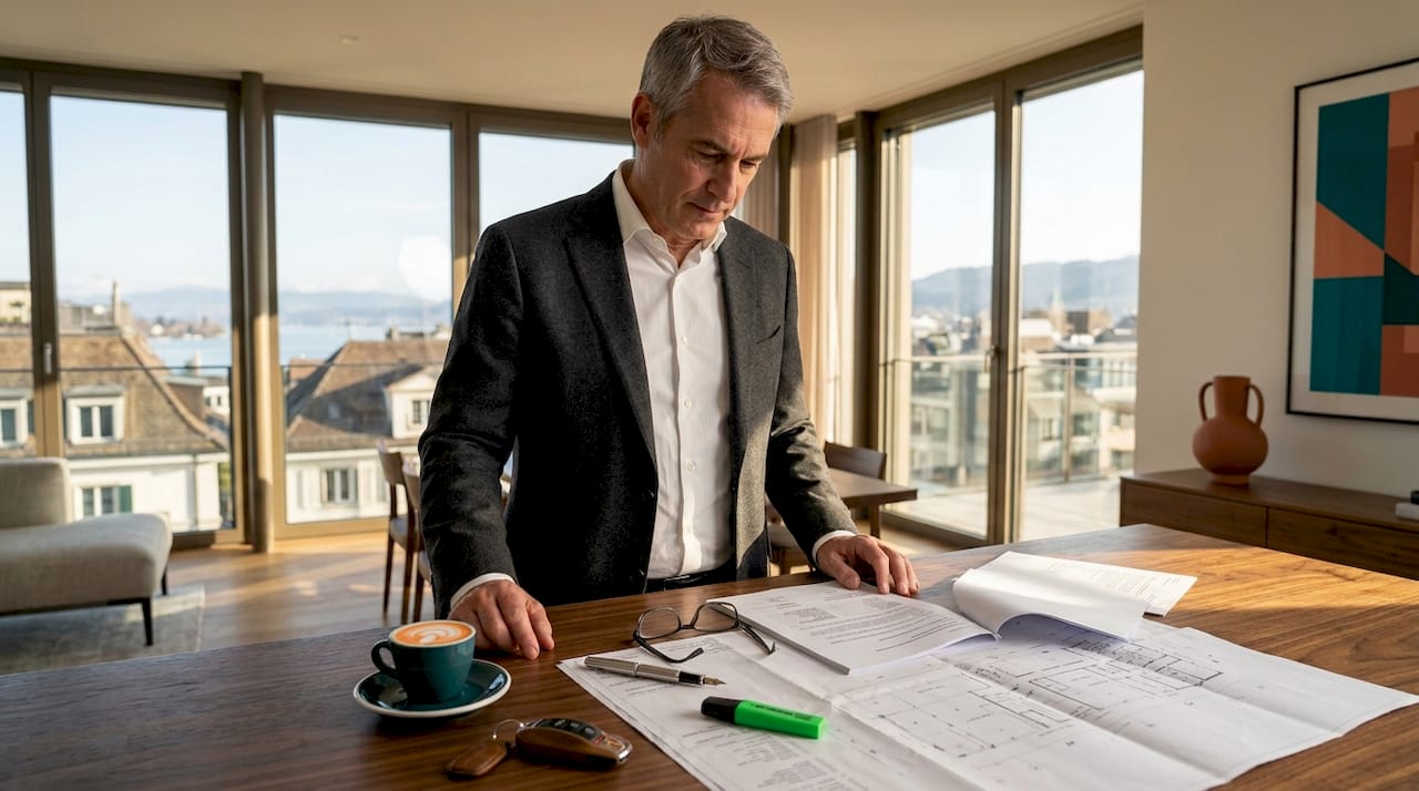 Manager sorting Swiss tender documents