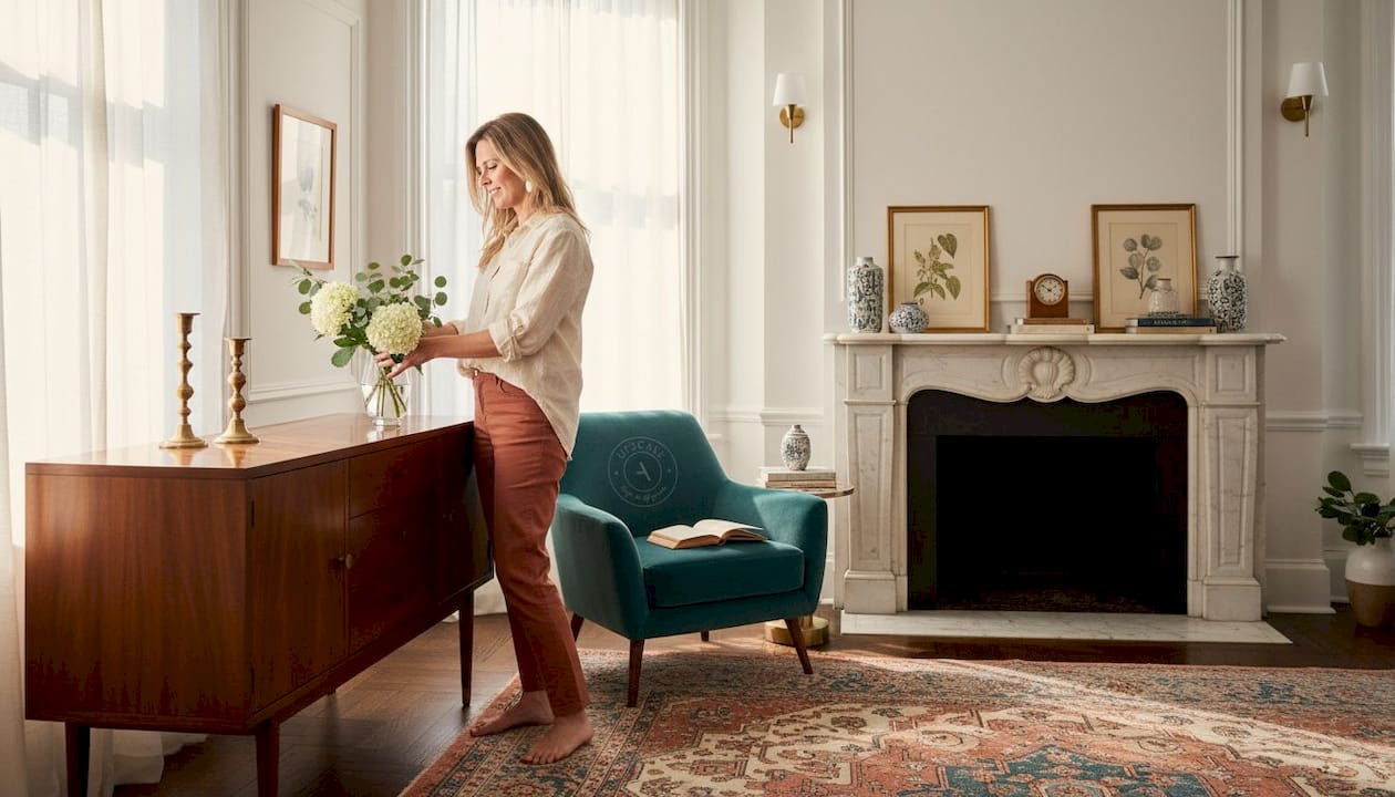 Victorian meets Grandmillennial living room arrangement