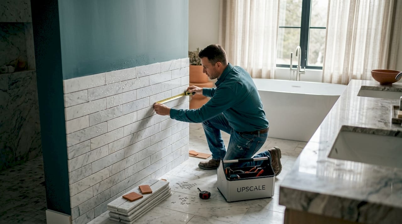 Installer working in spa-inspired luxury bathroom
