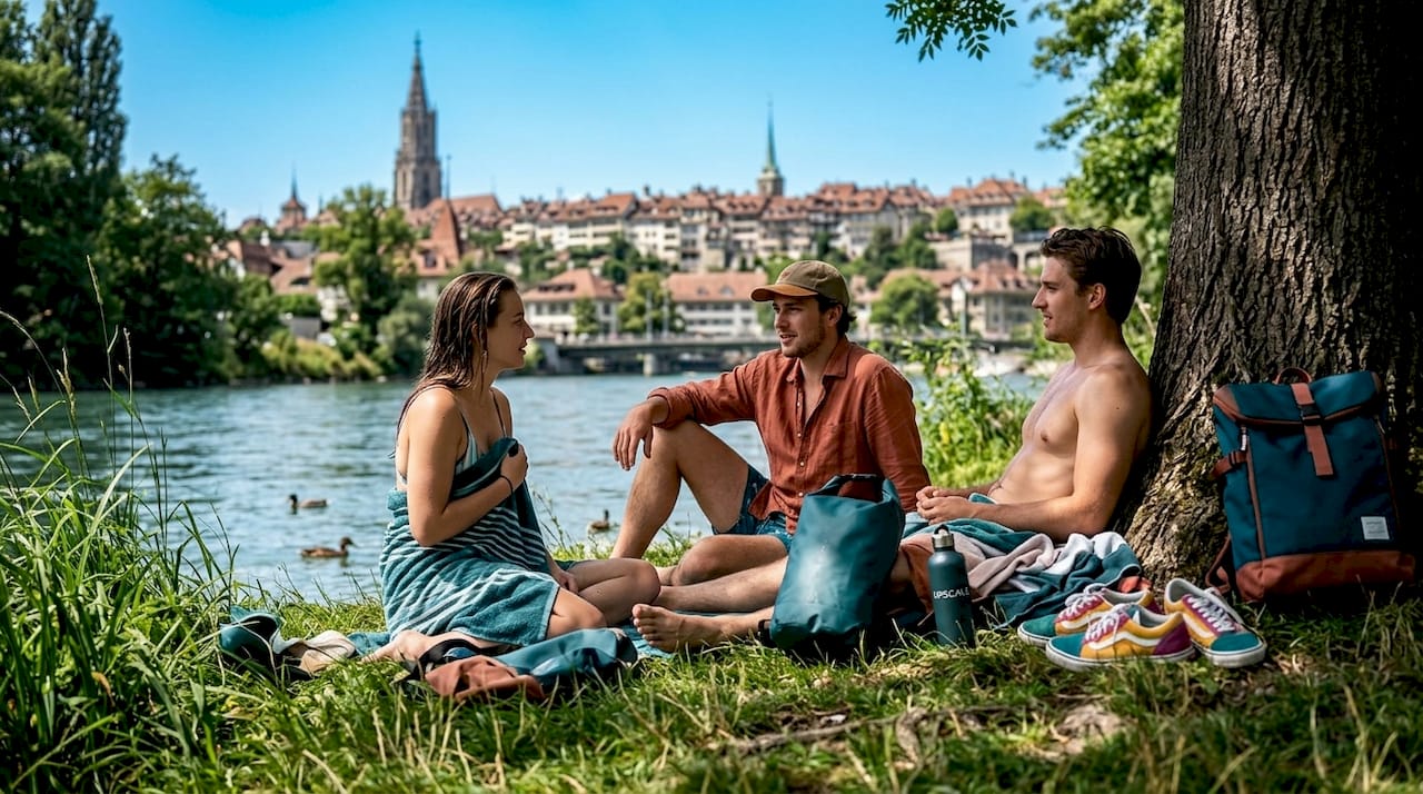 Friends relax after Aare river swim Bern