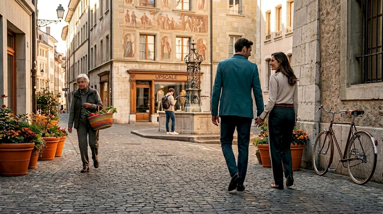 Geneva Old Town cobblestone street scene