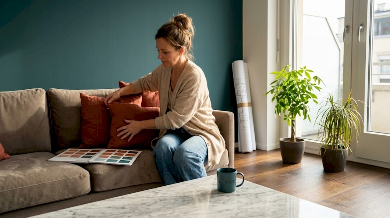 Woman arranging cushions in Lausanne home