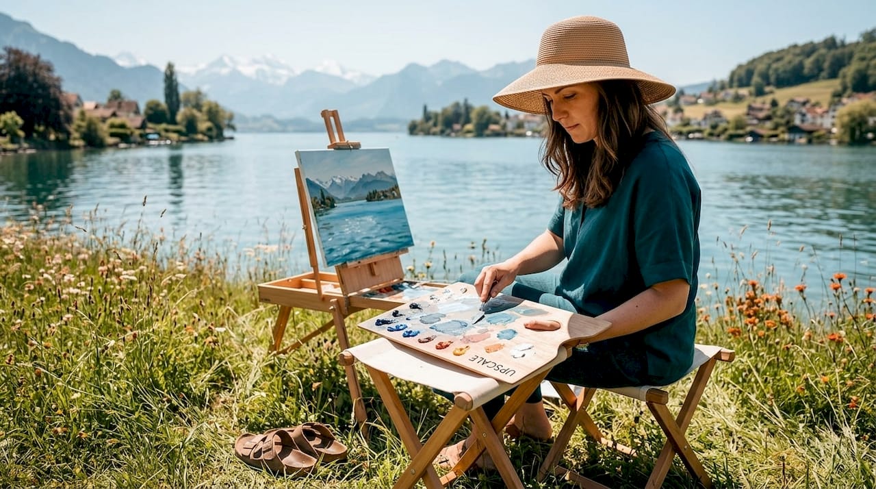 Painter mixing colors on Lucerne lakeshore