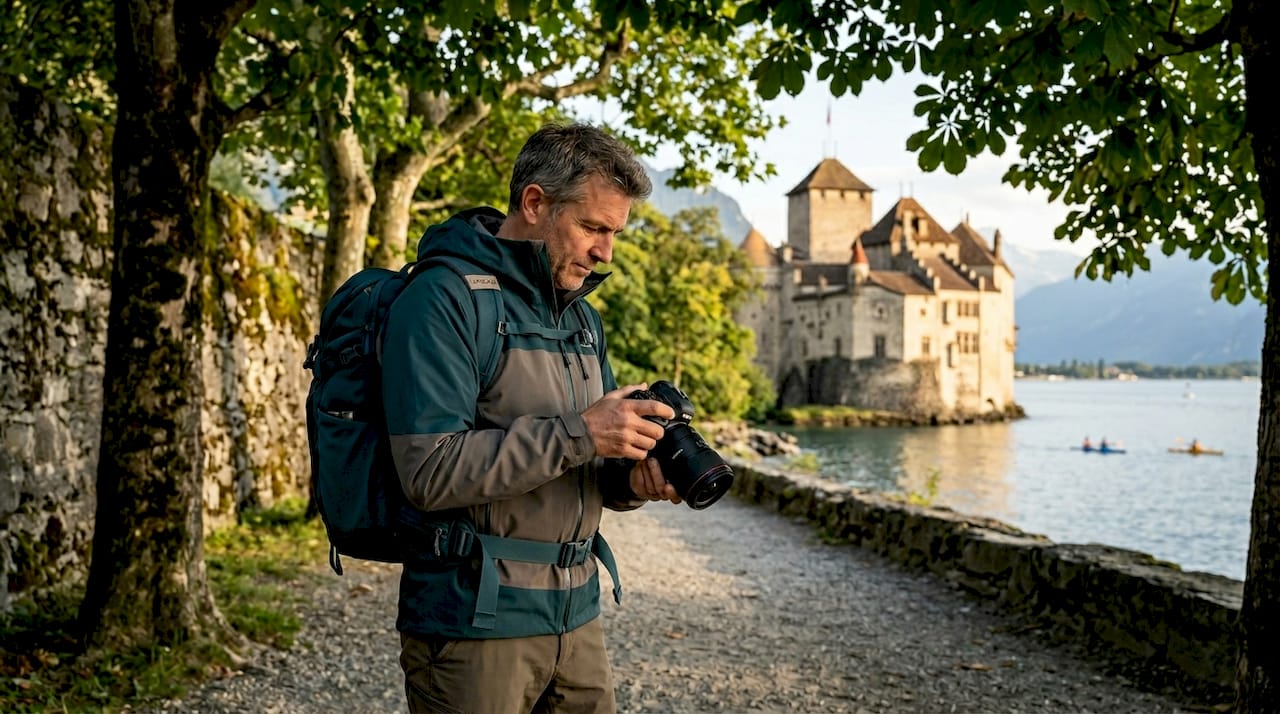 Chillon Castle lakeside approach with tourists