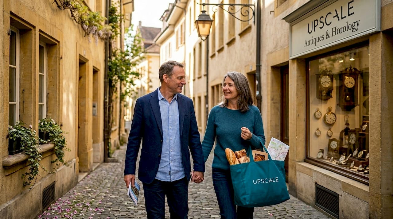 Couple walking Neuchâtel old town street