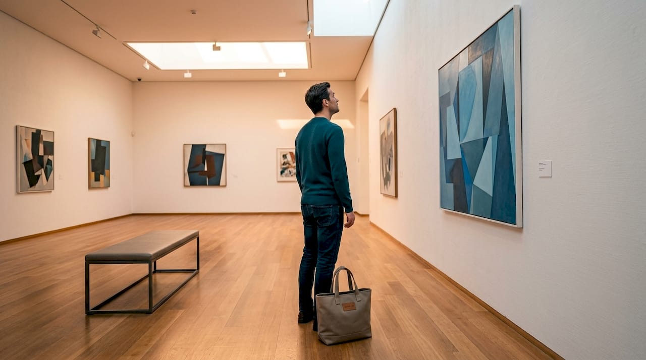 Visitor viewing art at Winterthur museum gallery