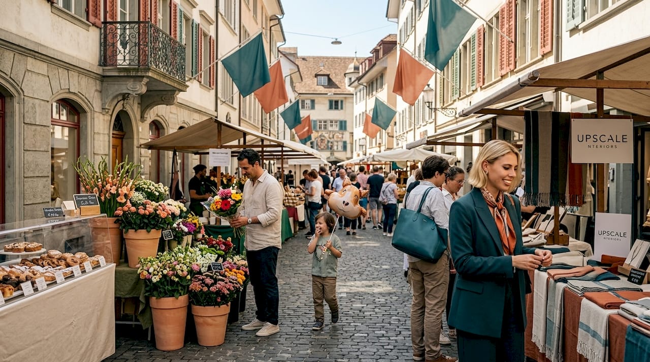 Zürich street market with shoppers and stalls