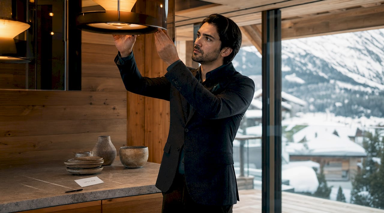 Designer adjusting kitchen lighting in Verbier chalet
