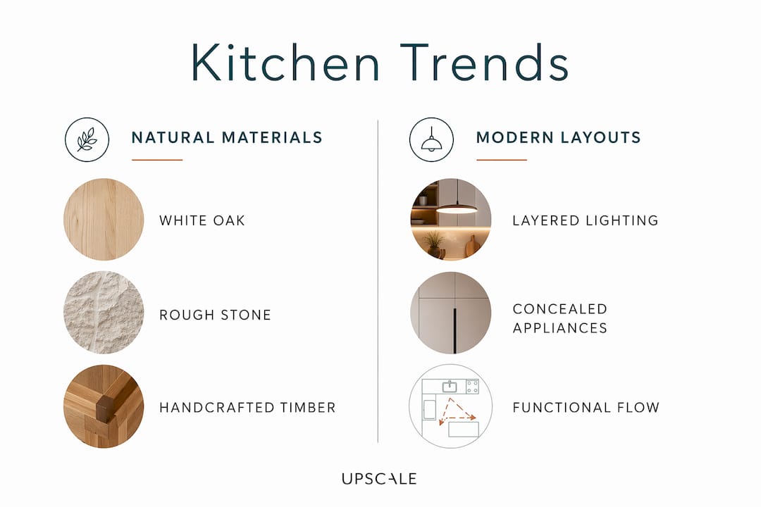 Infographic comparing kitchen trends natural materials and modern layouts