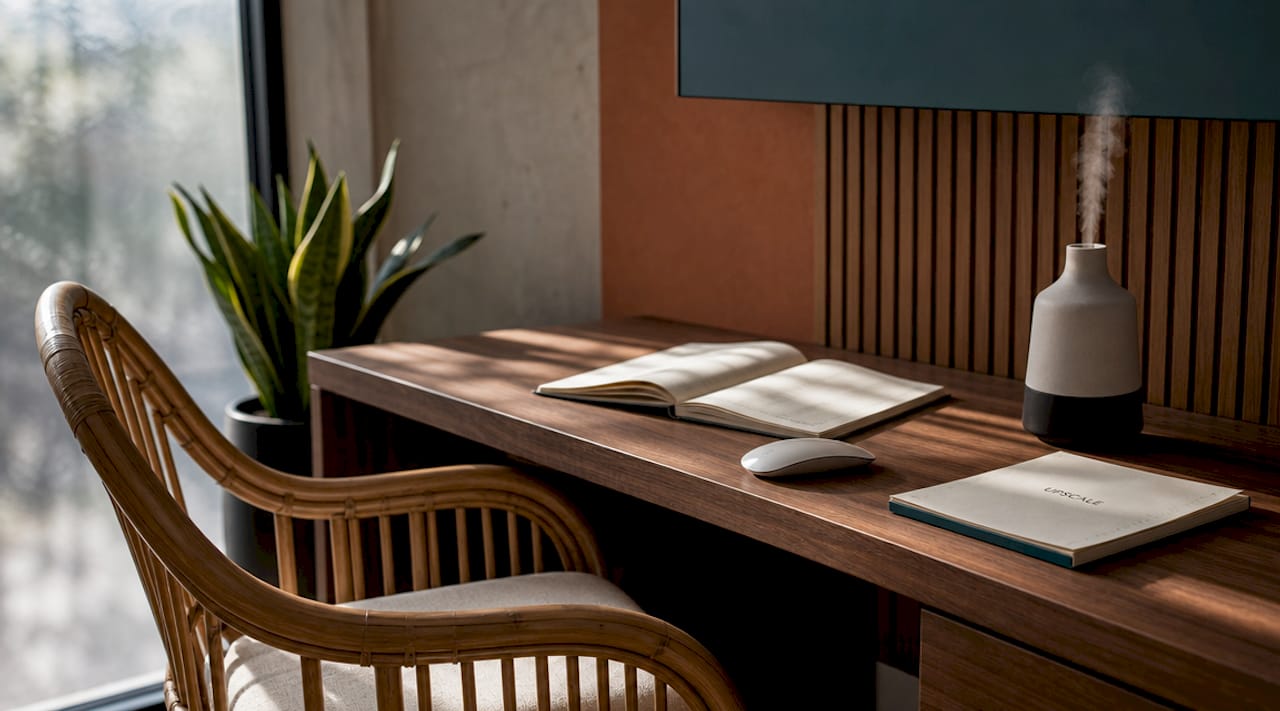 Overhead view of biophilic luxury office corner