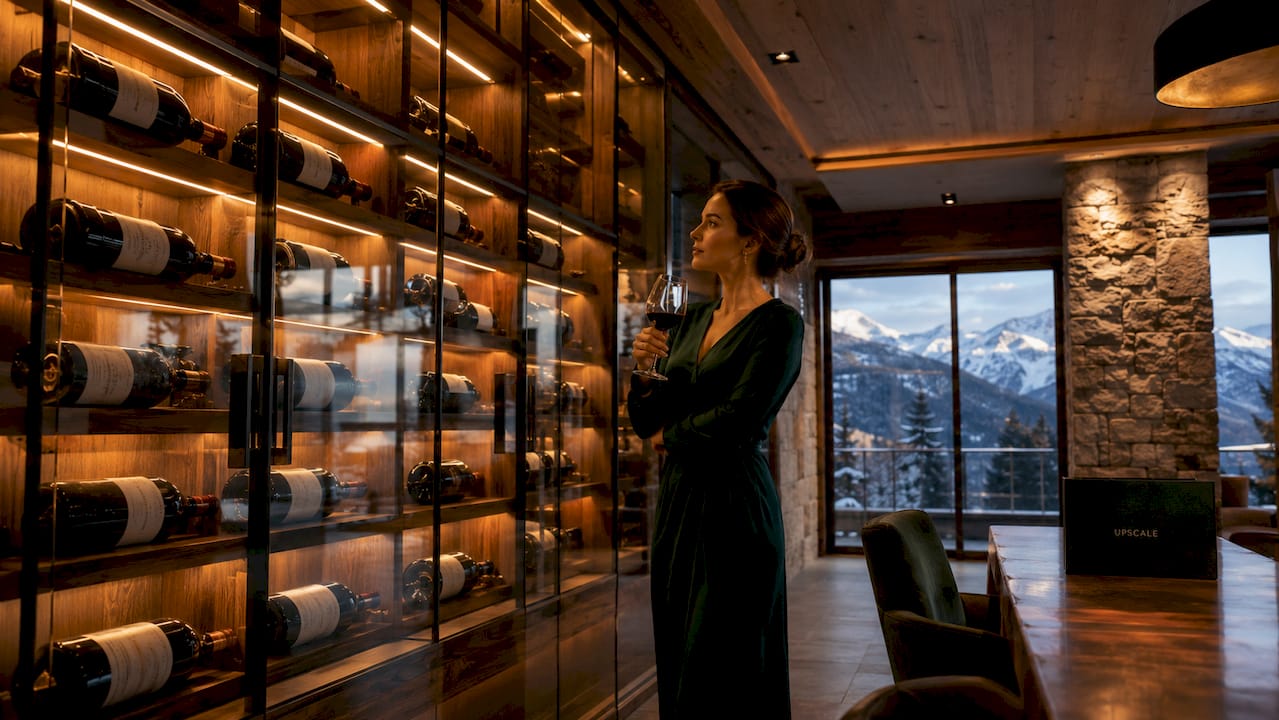 Woman inspecting wine collection in glass cellar gallery