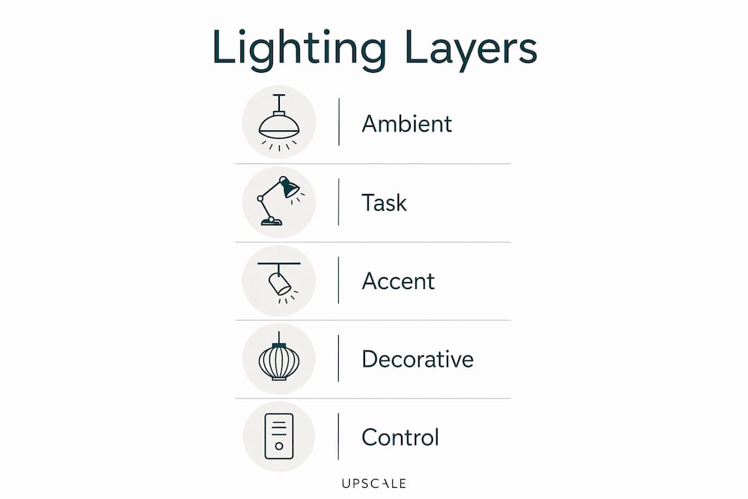 Infographic illustrating lighting layers in luxury homes