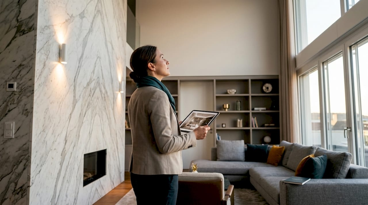 Interior architect reviewing lighting near stone wall