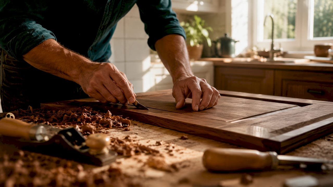 Carpenter hands sanding walnut cabinet door