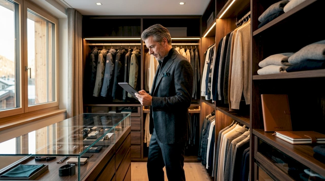 Man assessing luxury closet with tablet in Davos home