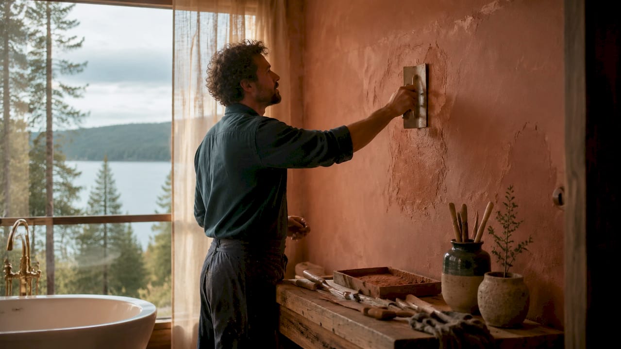 Hands applying warm plaster finish in bathroom