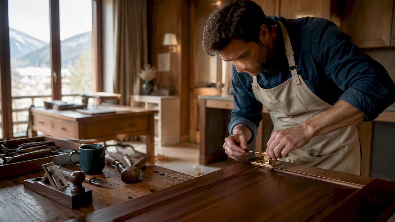 Hands installing aged brass hardware on wood door