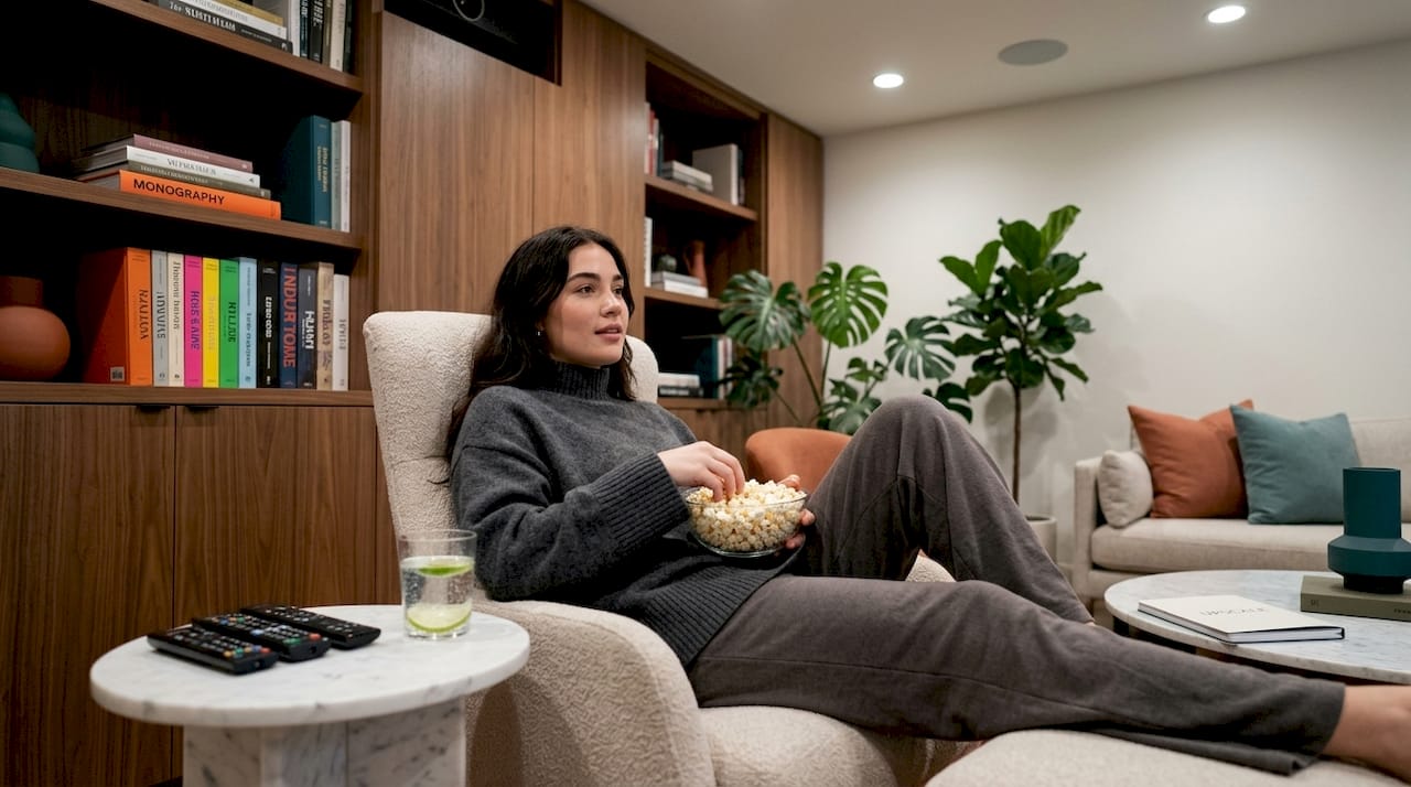 Woman relaxing with popcorn in entertainment room