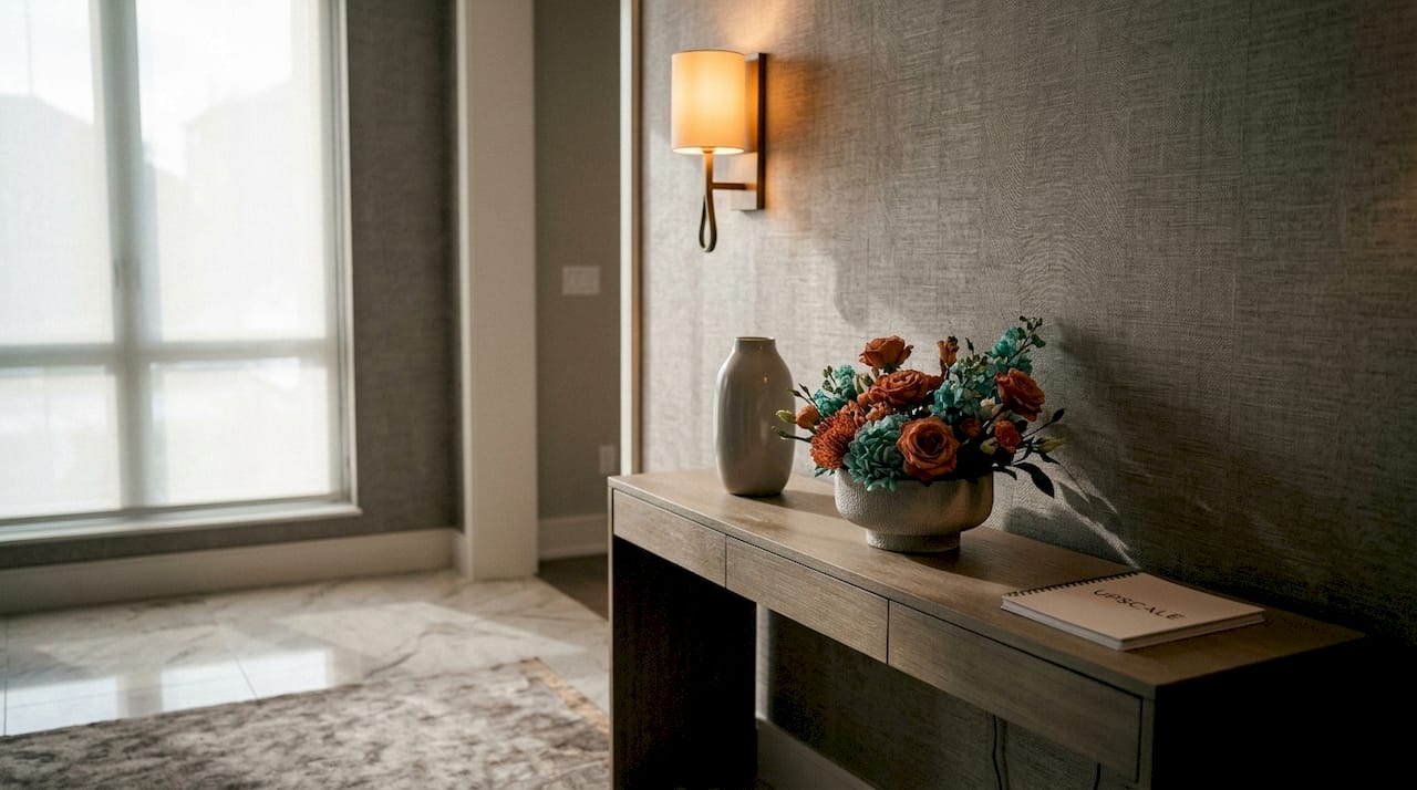 Luxury foyer console table with warm layered lighting