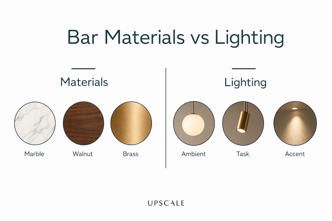 Infographic comparing luxury home bar materials and lighting