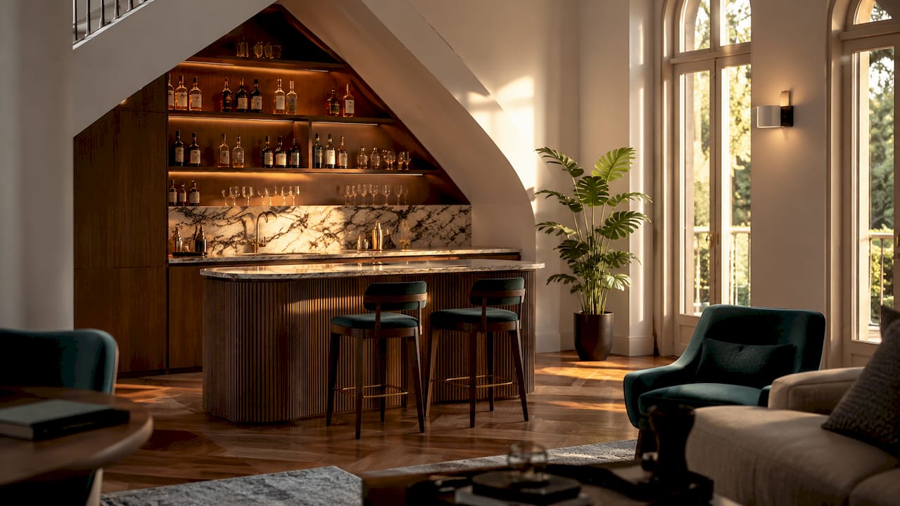 Architectural luxury home bar interior with vaulted ceilings