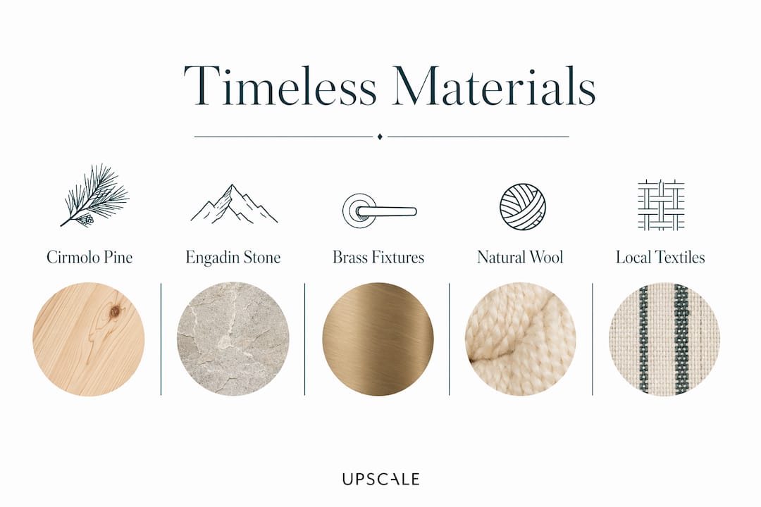 Infographic showing core timeless alpine interior materials