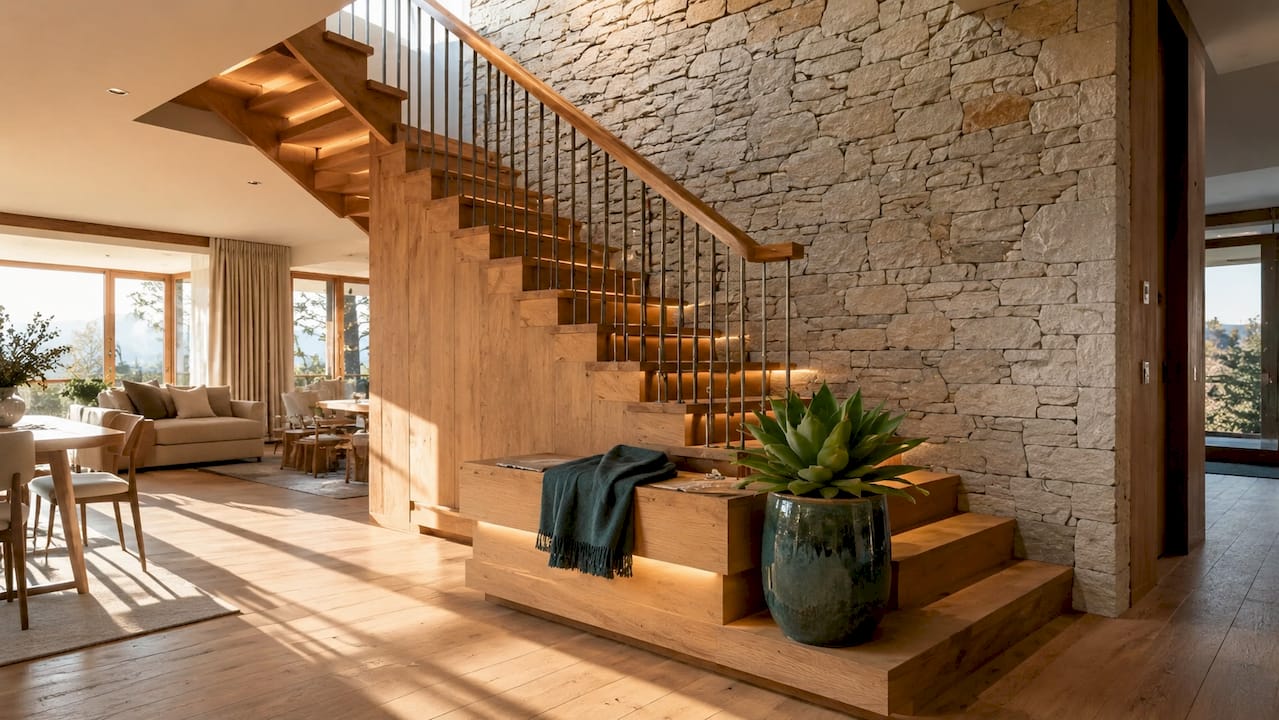 Detailed wooden alpine staircase with natural textures