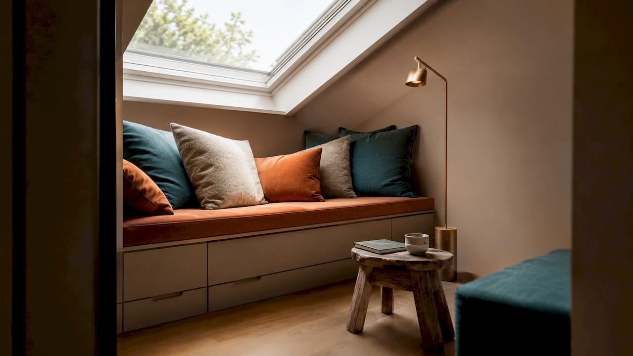 Cozy reading nook in attic alcove