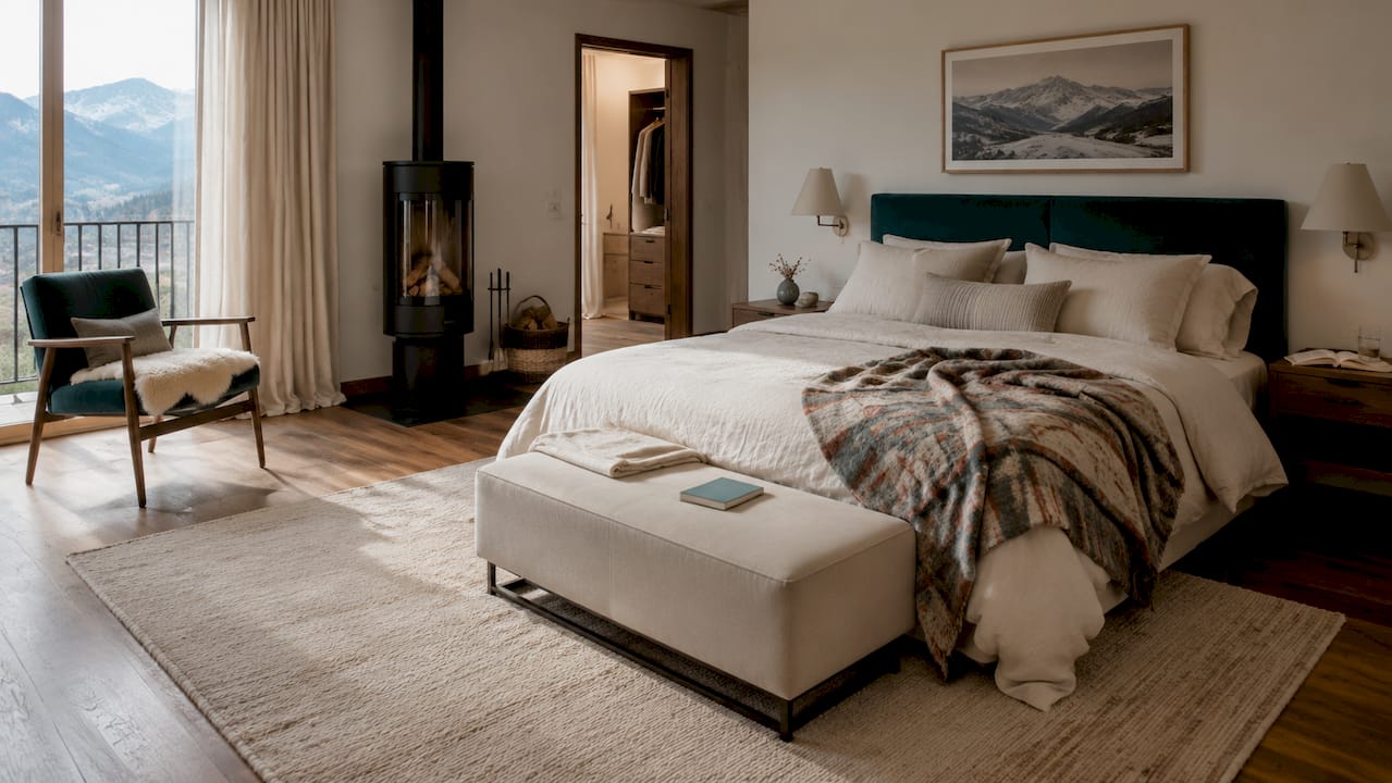 Spacious luxury guest bedroom layout view
