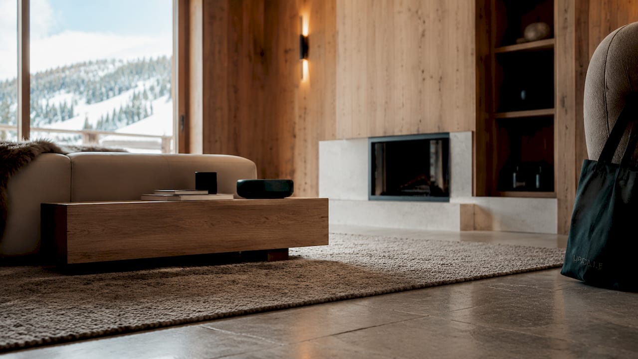 Bright Alpine minimalist luxury interior in mountain chalet