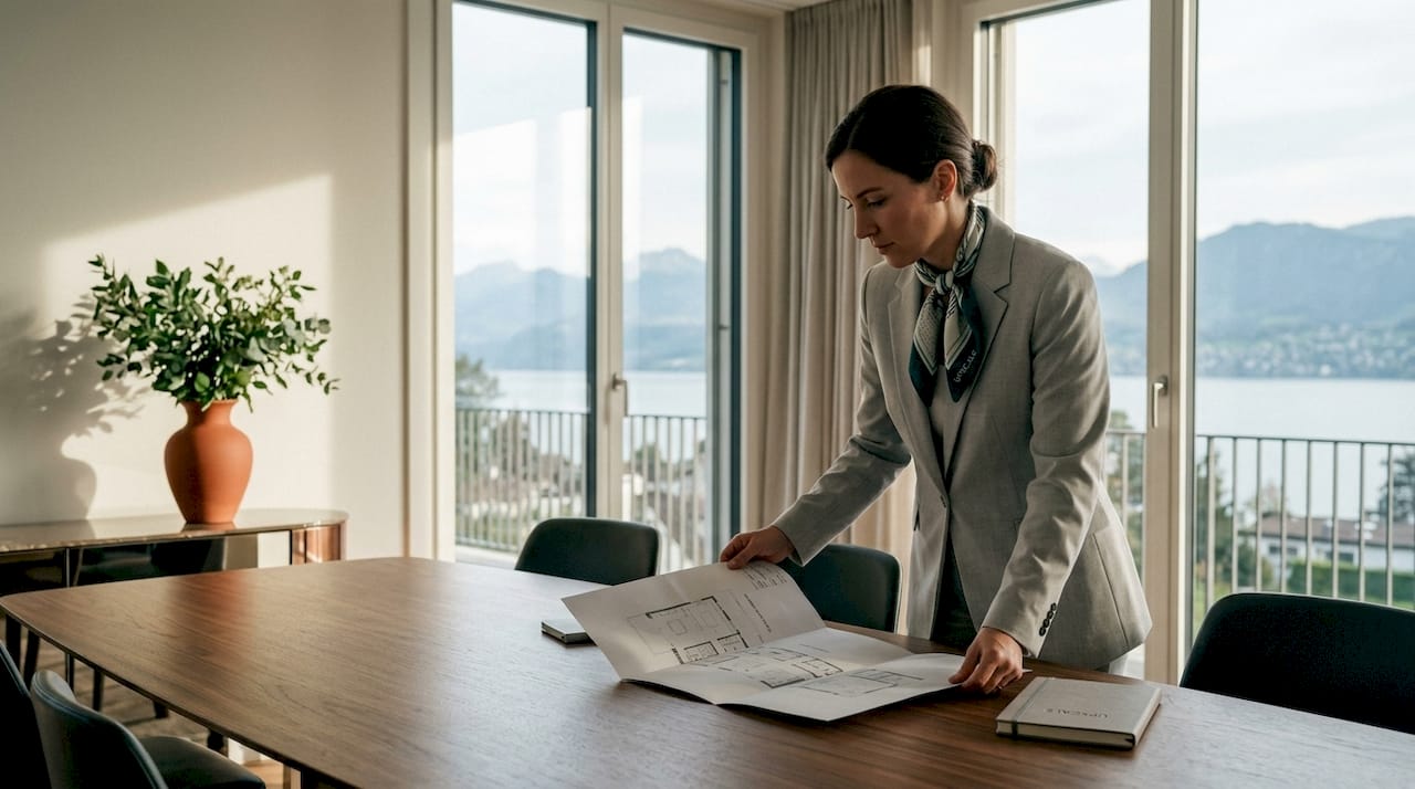 Designer reviewing sightline diagram by lake window
