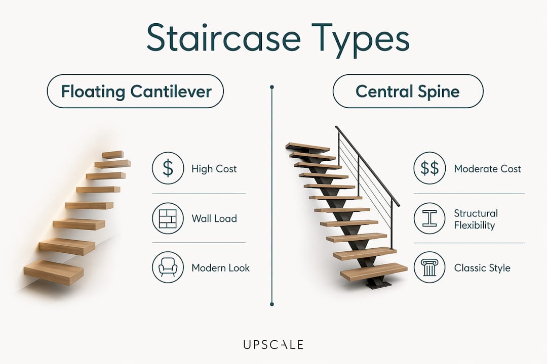Infographic comparing floating cantilever and central spine staircases