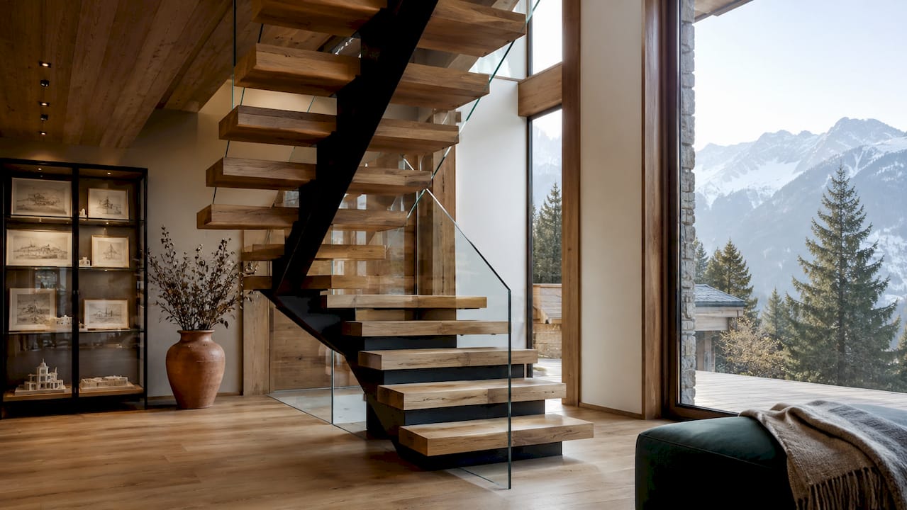Close side view of central spine staircase craftsmanship