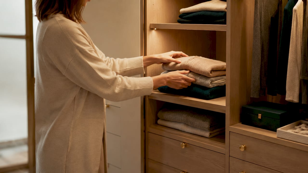 Close-up of custom dressing room storage and hands arranging clothes