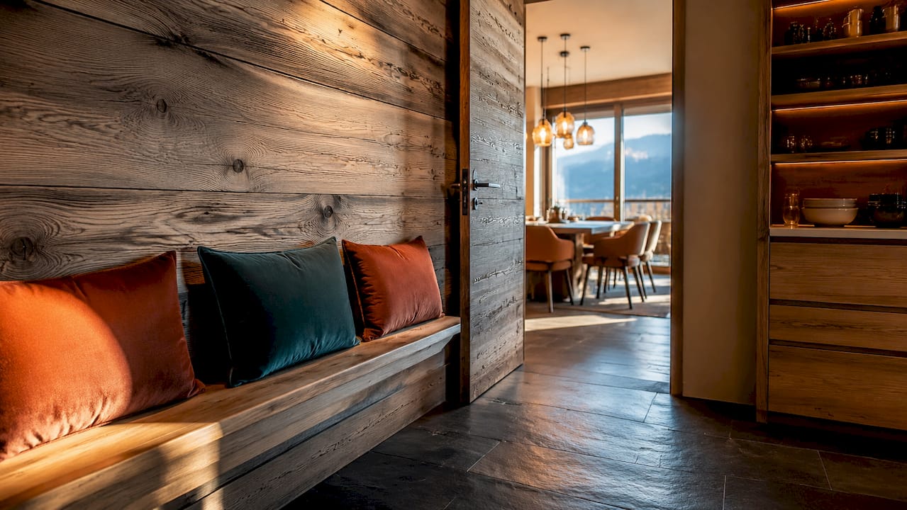 Oak wood wall and bespoke joinery details