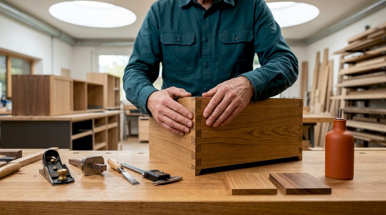 Close-up of hands inspecting bespoke wood joinery