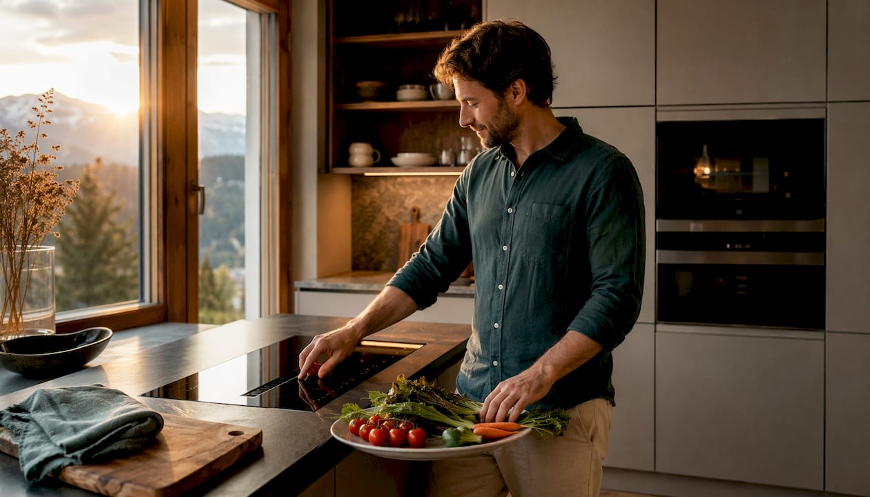 Hands adjusting invisible smart kitchen appliance