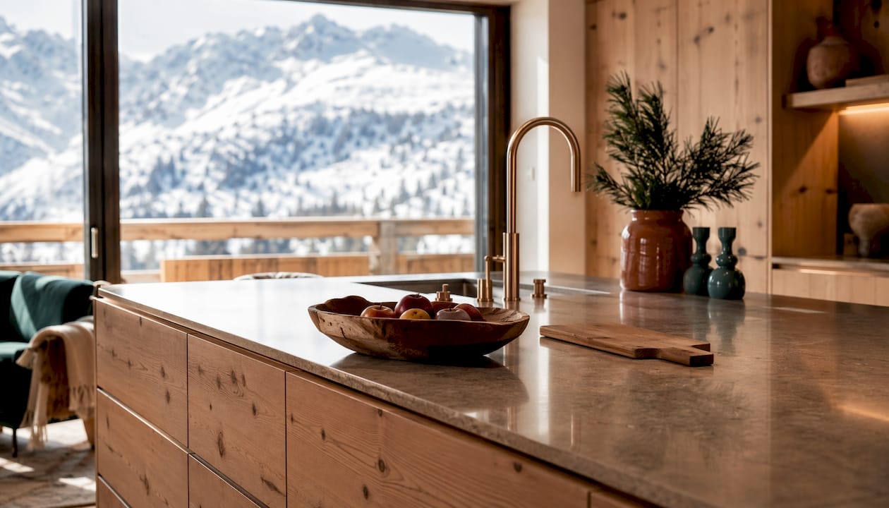 Sculptural kitchen island with mountain view