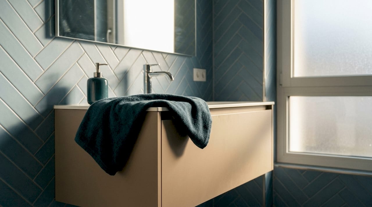 Powder room corner with green tiles and brass fixtures