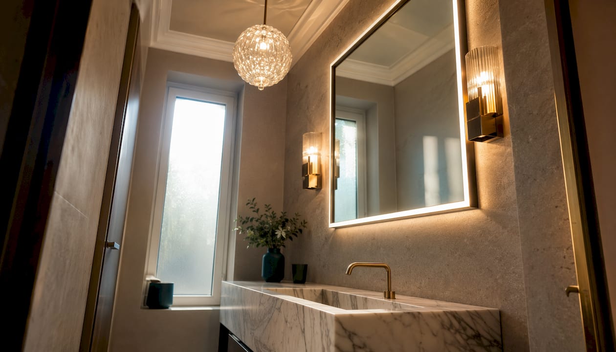 Powder room with glowing mirror and crystal chandelier