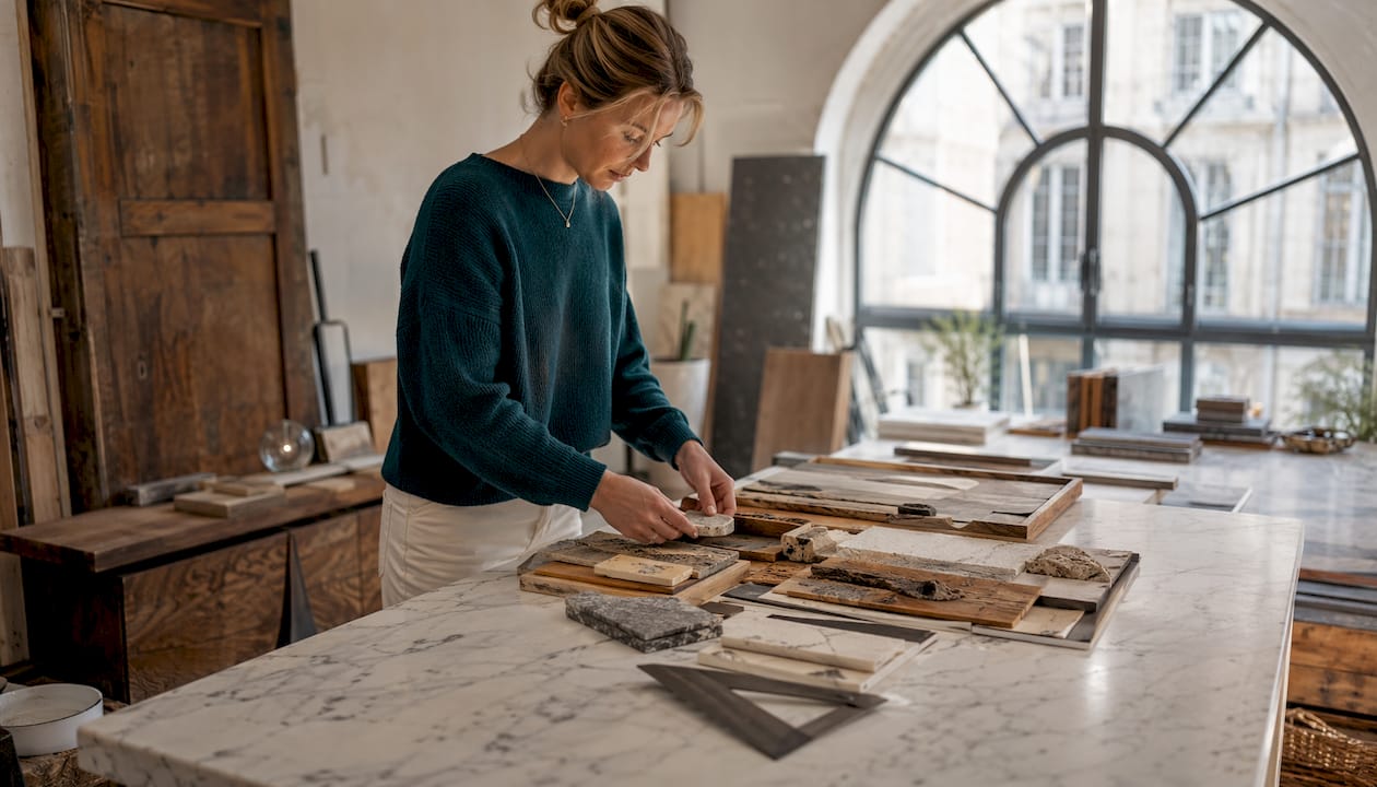 Close-up of reclaimed materials and documents in restoration workshop