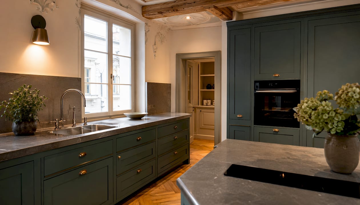 Renovated luxury kitchen blending modern and historic elements in Bern home